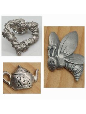 Pewter Pin Brooch Heart & Bee Signed LCD Plus Pewter Teapot Unsigned Lot Of 3